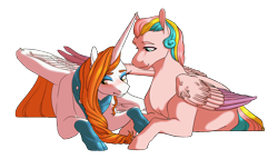 Size: 1774x1018 | Tagged: safe, artist:seleniium, oc, oc only, species:alicorn, species:pegasus, species:pony, alicorn oc, blushing, commission, eyeshadow, female, makeup, male, mare, multicolored hair, oc x oc, prone, shipping, simple background, smiling, stallion, straight, transparent background