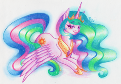 Size: 1500x1040 | Tagged: safe, artist:x-piiu, character:princess celestia, species:alicorn, species:pony, collar, crown, female, jewelry, looking at you, mare, necklace, prone, regalia, signature, simple background, smiling, solo, tiara, traditional art