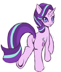 Size: 1280x1512 | Tagged: safe, artist:suziouwabami, character:starlight glimmer, species:pony, species:unicorn, blue eyes, featureless crotch, female, looking at you, looking back, mare, plot, rear view, simple background, sketch, solo, white background