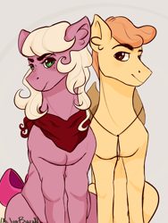 Size: 2448x3264 | Tagged: safe, artist:lxxjunebugxxl, oc, oc only, oc:naval orange, oc:orchard blossom, species:earth pony, species:pony, applejack's parents, bow, female, high res, male, mare, simple background, stallion, tail bow