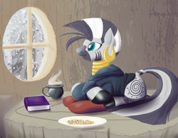 Size: 1540x1200 | Tagged: safe, artist:kidkaizer, character:zecora, species:zebra, book, clothing, coffee, cookie, female, hoodie, snow, snowfall, solo, winter