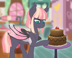 Size: 1200x958 | Tagged: safe, artist:skjolty, oc, oc only, species:bat pony, species:pony, bat pony oc, cake, food, solo
