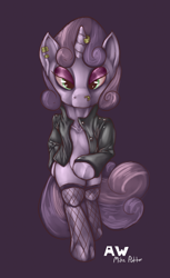 Size: 1172x1920 | Tagged: safe, artist:themessengerboy, character:sweetie belle, species:pony, meanie belle, bipedal, clothing, ear piercing, eyeshadow, female, fishnets, horn piercing, jacket, leather jacket, makeup, nose piercing, piercing, solo, stockings