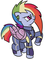 Size: 382x480 | Tagged: safe, artist:php63, character:rainbow dash, species:pegasus, species:pony, alternate timeline, amputee, angry, apocalypse dash, artificial wings, augmented, crystal war timeline, female, looking up, one hoof raised, prosthetic limb, prosthetic wing, prosthetics, simple background, solo, torn ear, white background, wings