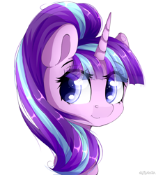 Size: 1024x1142 | Tagged: safe, artist:mitralexa, character:starlight glimmer, species:pony, species:unicorn, bust, cute, eye clipping through hair, eyebrows, eyebrows visible through hair, female, glimmerbetes, mare, portrait, simple background, smiling, solo, white background