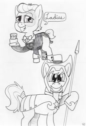 Size: 686x1000 | Tagged: safe, artist:blue-von, character:braeburn, character:pipsqueak, clothing, color me, costume, royal guard, tuxedo