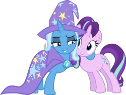 Size: 3970x3000 | Tagged: safe, artist:stjonal, character:starlight glimmer, character:trixie, species:pony, species:unicorn, episode:to where and back again, g4, my little pony: friendship is magic, .svg available, cape, clothing, cute, female, hat, hug, mare, simple background, transparent background, trixie's cape, trixie's hat, vector