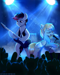 Size: 2001x2519 | Tagged: safe, artist:kaylemi, oc, oc only, species:earth pony, species:pegasus, species:pony, audience, clothing, concert, guitar, microphone, silhouette, singing, vest