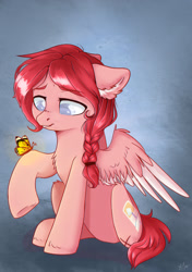 Size: 1221x1734 | Tagged: safe, artist:kaylemi, oc, oc only, species:pegasus, species:pony, amputee, blind, braid, butterfly, chest fluff, female, mare, missing limb, scar, sitting, solo, stump