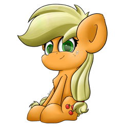 Size: 2971x3073 | Tagged: safe, artist:machstyle, character:applejack, species:earth pony, species:pony, chibi, female, green eyes, looking at you, mare, missing accessory, simple background, smiling, solo, white background