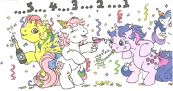 Size: 1309x691 | Tagged: safe, artist:foxspotted, character:buttons (g1), character:gingerbread, character:skydancer, character:sundance, species:pony, g1, bottle, bow, countdown, dexterous hooves, new years eve, party horn, simple background, tail bow, traditional art, white background