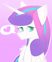Size: 1280x1539 | Tagged: safe, artist:cupofvanillatea, character:princess flurry heart, species:alicorn, species:pony, dialogue, female, gradient background, heart, lidded eyes, looking at you, mare, older, pictogram, pink background, simple background, smiling, solo, speech bubble, spoken heart