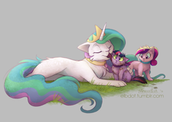 Size: 3508x2480 | Tagged: safe, artist:elbdot, character:princess cadance, character:princess celestia, character:twilight sparkle, :<, bow, cat, catdance, catified, catlestia, chest fluff, collar, crown, cute, cutedance, cutelestia, dirty, ear fluff, elbdot is trying to murder us, eyes closed, fanfic art, female, floppy ears, fluffy, frown, gray background, grooming, jewelry, kitten, licking, looking at each other, looking back, looking up, momlestia, regalia, simple background, sitting, smiling, species swap, tiara, tongue out, trio, twiabetes, twilight cat