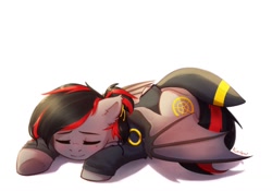 Size: 1386x969 | Tagged: safe, artist:kaylemi, oc, oc only, oc:tomoko tanue, species:bat pony, species:pony, fallout equestria, clothing, crossover, female, hoodie, mare, pokémon, ponytail, sleeping, solo, umbreon