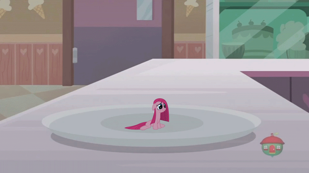 Size: 996x558 | Tagged: safe, artist:azure-vortex, edit, edited screencap, screencap, character:pinkamena diane pie, character:pinkie pie, character:sweetie belle, species:pony, episode:forever filly, g4, my little pony: friendship is magic, animated, crying, eaten alive, eating, female, floppy ears, frown, gif, micro, pinkie prey, ponies eating meat, ponies eating ponies, revenge, sad, sitting, sweetie's plate, sweetiepred, vector, vore, wat, wavy mouth