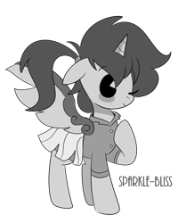 Size: 1024x1280 | Tagged: safe, artist:sparkle-bliss, oc, oc only, oc:frost d. tart, species:alicorn, species:pony, alicorn oc, black and white cartoon, clothing, commission, crossdressing, cute, dress, grayscale, monochrome, ocbetes, old timey, one eye closed, pacman eyes, ponytail, school uniform, schoolgirl, simple background, skirt, solo, style emulation, transparent background, wink