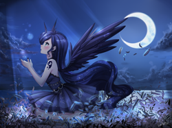 Size: 2800x2099 | Tagged: safe, artist:odaefnyo, character:princess luna, species:human, g4, alicorn humanization, alternative cutie mark placement, clothing, crescent moon, cutie mark on human, dress, ear piercing, earring, feather, female, horned humanization, humanized, jewelry, kneeling, looking up, moon, night, piercing, profile, shoulder cutie mark, solo, spread wings, stars, winged humanization, wings
