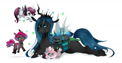 Size: 2300x1200 | Tagged: safe, artist:kraytt-05, character:queen chrysalis, oc, oc:cotton foam, oc:neon star, parent:oc:fluffle puff, parent:pinkie pie, parent:princess cadance, parent:queen chrysalis, parent:shining armor, parents:cadalis, parents:canon x oc, parents:chrysipuff, parents:pinkiesalis, parents:shining chrysalis, species:changeling, species:changepony, species:pony, annoyed, changeling oc, changeling queen, cute, cutealis, ear bite, female, happy, heart, hybrid, interspecies offspring, magical lesbian spawn, mare, mommy chrissy, mother, next generation, nymph, ocbetes, offspring, open mouth, prone, queen chrysalis is not amused, simple background, smiling, unamused, white background