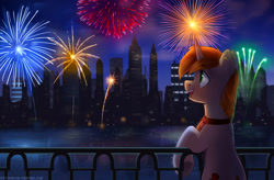 Size: 2445x1601 | Tagged: safe, artist:kaylemi, oc, oc only, species:pony, building, city, commission, fireworks, night, open mouth, skyscraper, solo, ych result