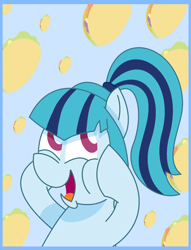 Size: 1468x1920 | Tagged: safe, artist:redrose26, character:sonata dusk, species:pony, blue background, cheek squish, female, food, it's raining tacos!, simple background, solo, sonataco, squishy cheeks, taco
