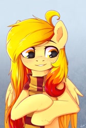 Size: 909x1351 | Tagged: safe, artist:kaylemi, oc, oc only, species:pegasus, species:pony, bust, clothing, female, freckles, gradient background, mare, portrait, scarf, smiling, solo