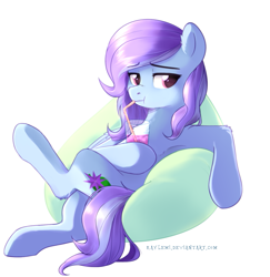 Size: 1353x1392 | Tagged: safe, artist:kaylemi, oc, oc only, oc:peppermint crunch, species:pony, armpits, beanbag chair, drinking, simple background, solo
