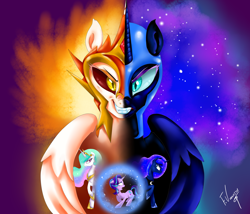 Size: 3500x3000 | Tagged: safe, artist:vanezaescobedo, character:daybreaker, character:nightmare moon, character:princess celestia, character:princess luna, character:starlight glimmer, species:alicorn, species:pony, species:unicorn, episode:a royal problem, g4, my little pony: friendship is magic, badass, duality, magic, royal sisters, sphere, split screen