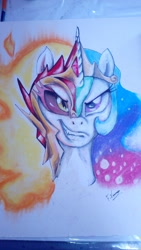Size: 1024x1820 | Tagged: safe, artist:vanezaescobedo, character:daybreaker, character:princess celestia, character:princess luna, species:alicorn, species:pony, episode:a royal problem, g4, my little pony: friendship is magic, bust, duality, portrait, royal sisters, split screen, traditional art