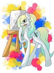 Size: 1500x2000 | Tagged: safe, artist:stereo-of-the-heart, oc, oc only, oc:glacier blaze, species:earth pony, species:pony, canvas, drawing, female, mare, mouth hold, paintbrush, solo