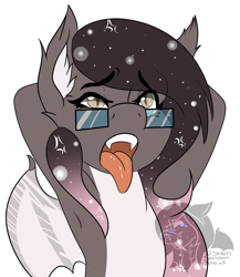 Size: 1540x1775 | Tagged: safe, artist:shilohsmilodon, oc, oc only, oc:gradient wish, species:bat pony, species:pony, ahegao, arm behind head, armpits, female, glasses, open mouth, simple background, solo, tongue out, white background