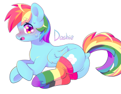 Size: 1219x947 | Tagged: safe, artist:kkotnim, character:rainbow dash, species:pegasus, species:pony, blushing, clothing, crying, cute, dashabetes, dock, eyebrows, eyebrows visible through hair, featureless crotch, female, open mouth, plot, rainbow socks, simple background, socks, solo, starry eyes, striped socks, sweat, transparent background, wingding eyes