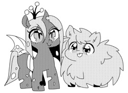 Size: 820x600 | Tagged: safe, artist:kkotnim, character:queen chrysalis, oc, oc:fluffle puff, species:changeling, species:pony, changeling queen, chibi, cute, cutealis, duo, duo female, female, flufflebetes, mare, monochrome, nymph, simple background, tongue out, white background