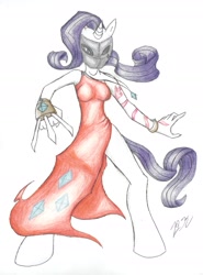 Size: 1589x2145 | Tagged: safe, artist:lordvader914, character:rarity, species:anthro, species:unguligrade anthro, balrog (street fighter), clothing, colored pencil drawing, cosplay, dress, female, solo, street fighter, traditional art, vega, weapon