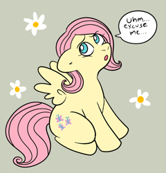 Size: 600x626 | Tagged: safe, artist:technicolor pie, character:fluttershy, species:pegasus, species:pony, dialogue, excuse me, female, floppy ears, flower, looking up, mare, open mouth, sitting, solo, speech bubble, spread wings, wings