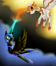 Size: 1700x2000 | Tagged: safe, artist:keisaa, character:daybreaker, character:nightmare moon, character:princess celestia, character:princess luna, species:alicorn, species:pony, episode:a royal problem, g4, my little pony: friendship is magic, blast, duo, fight, flying, frown, gritted teeth, magic, magic blast
