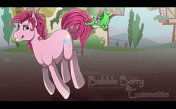 Size: 948x587 | Tagged: safe, artist:pocki07, character:gummy, character:pinkie pie, species:earth pony, species:pony, alligator, biting, bubble berry, male, pronking, rule 63, stallion, tail bite
