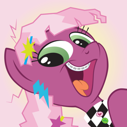 Size: 10000x10000 | Tagged: safe, artist:juniberries, character:cheerilee, 80s, 80s cheerilee, absurd resolution, braces, cheeribetes, cute, female, green eyes, happy, looking at you, open mouth, pink background, reaction image, simple background, smeel, smiling, smiling at you, solo