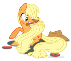 Size: 850x735 | Tagged: safe, artist:scruffytoto, character:applejack, species:earth pony, species:pony, brushing, female, hairbrush, loose hair, mare, mouth hold, scrunchie, simple background, solo, transparent background