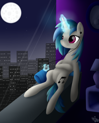 Size: 1200x1500 | Tagged: safe, artist:keisaa, character:dj pon-3, character:vinyl scratch, species:pony, building, city, earbuds, female, full moon, levitation, listening, magic, mare, moon, mp3 player, music, night, solo, stars, telekinesis