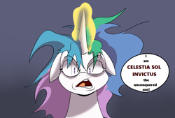 Size: 732x495 | Tagged: safe, artist:suxt0hax, edit, character:princess celestia, species:alicorn, species:pony, cropped, female, floppy ears, glowing horn, mare, messy mane, solo