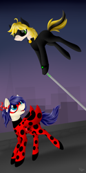 Size: 1000x2000 | Tagged: safe, artist:keisaa, species:pegasus, species:pony, chat noir, clothing, costume, cute, duo, female, male, mare, mask, miraculous ladybug, ponified, smiling, stallion