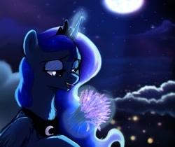 Size: 1753x1476 | Tagged: dead source, safe, artist:kaylemi, character:princess luna, species:alicorn, species:pony, cloud, female, glowing horn, lavender, lidded eyes, magic, mare, moon, night, solo, stars, telekinesis, that pony sure does love lavender