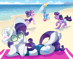 Size: 2500x2000 | Tagged: safe, artist:guzzlord, character:rarity, character:starlight glimmer, character:trixie, character:twilight sparkle, character:twilight sparkle (alicorn), species:alicorn, species:crab, species:pony, species:unicorn, anatomically incorrect, beach, beach ball, bikini, clothing, cucumber, food, happy, hat, incorrect leg anatomy, smiling, sunbathing, swimsuit