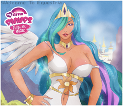 Size: 1089x935 | Tagged: safe, artist:songoftheshoebox, character:princess celestia, species:human, breasts, busty princess celestia, cleavage, clothing, female, hair over one eye, humanized, looking at you, off shoulder, pinup, solo