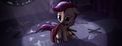 Size: 960x360 | Tagged: safe, artist:rautakoura, character:scootaloo, cape, clothing, eyes half closed, female, filly, glass, lidded eyes, my little investigations, solo