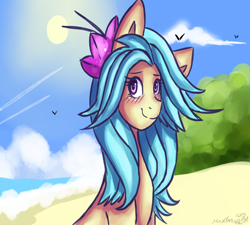 Size: 1000x900 | Tagged: safe, artist:lovelyheartmlp, oc, oc only, oc:pacific sea marine, species:earth pony, species:pony, beach, blushing, bust, female, flower, flower in hair, looking at you, looking sideways, mare, portrait, smiling, solo