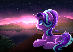 Size: 1024x737 | Tagged: safe, artist:mitralexa, character:starlight glimmer, species:pony, species:unicorn, cute, dock, ear fluff, female, glimmerbetes, lake, leg fluff, lens flare, looking up, mare, night, night sky, outdoors, profile, prone, scenery, shooting stars, sky, solo, starry night, stars, twilight (astronomy)