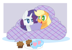 Size: 1628x1148 | Tagged: safe, artist:redrose26, character:applejack, character:rarity, species:earth pony, species:pony, species:unicorn, ship:rarijack, apple brown betty (food), blanket, cup, duo, female, food, heart eyes, lesbian, mare, shipping, wingding eyes