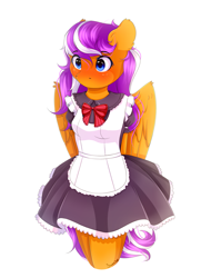 Size: 1933x2542 | Tagged: safe, artist:sweesear, oc, oc only, oc:digidrop, species:anthro, species:pegasus, species:pony, anthro oc, blushing, bow tie, clothing, cute, dress, ear fluff, female, hands behind back, maid, mare, solo, wing fluff