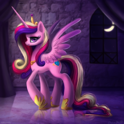 Size: 900x900 | Tagged: safe, artist:adailey, character:princess cadance, species:alicorn, species:pony, beautiful, castle, female, mare, moon, solo